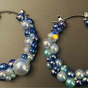 Elegant Blue Beaded Hoop Earrings